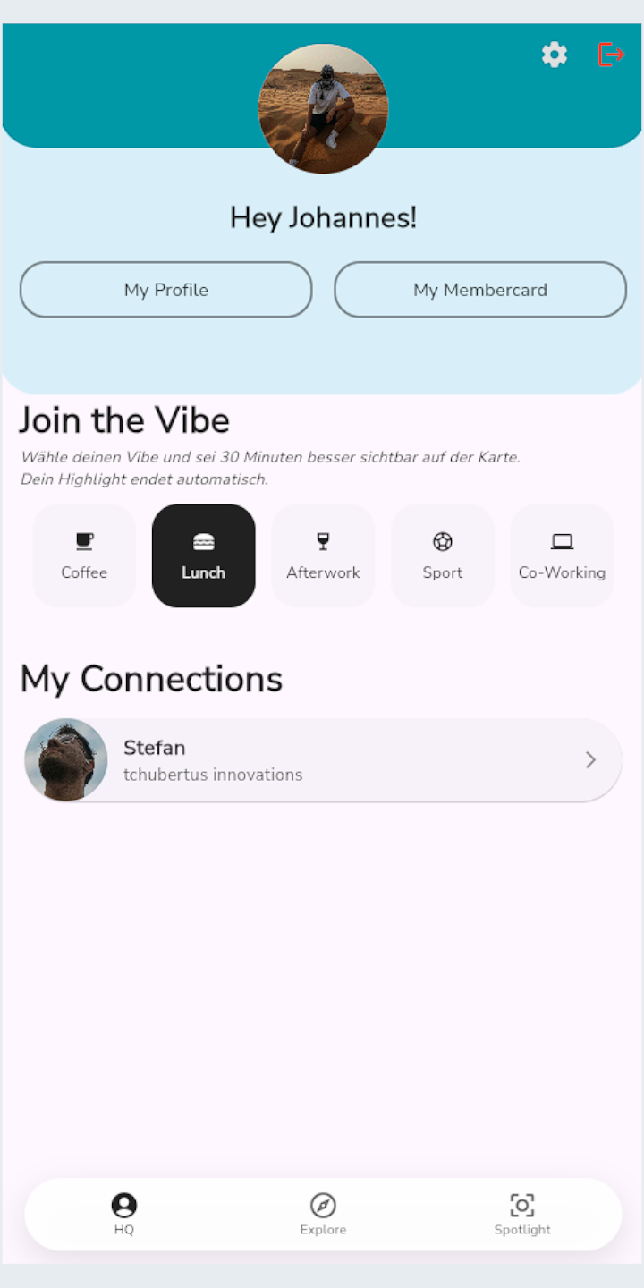 App-Vorschau: Vibe wählen & Profil